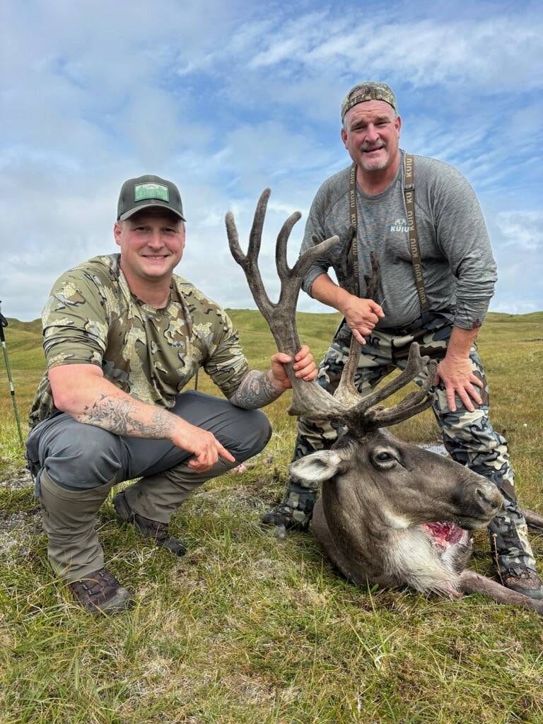 Two hunters in camo kneeling with a harvested Caribou bull on the Adak tundra