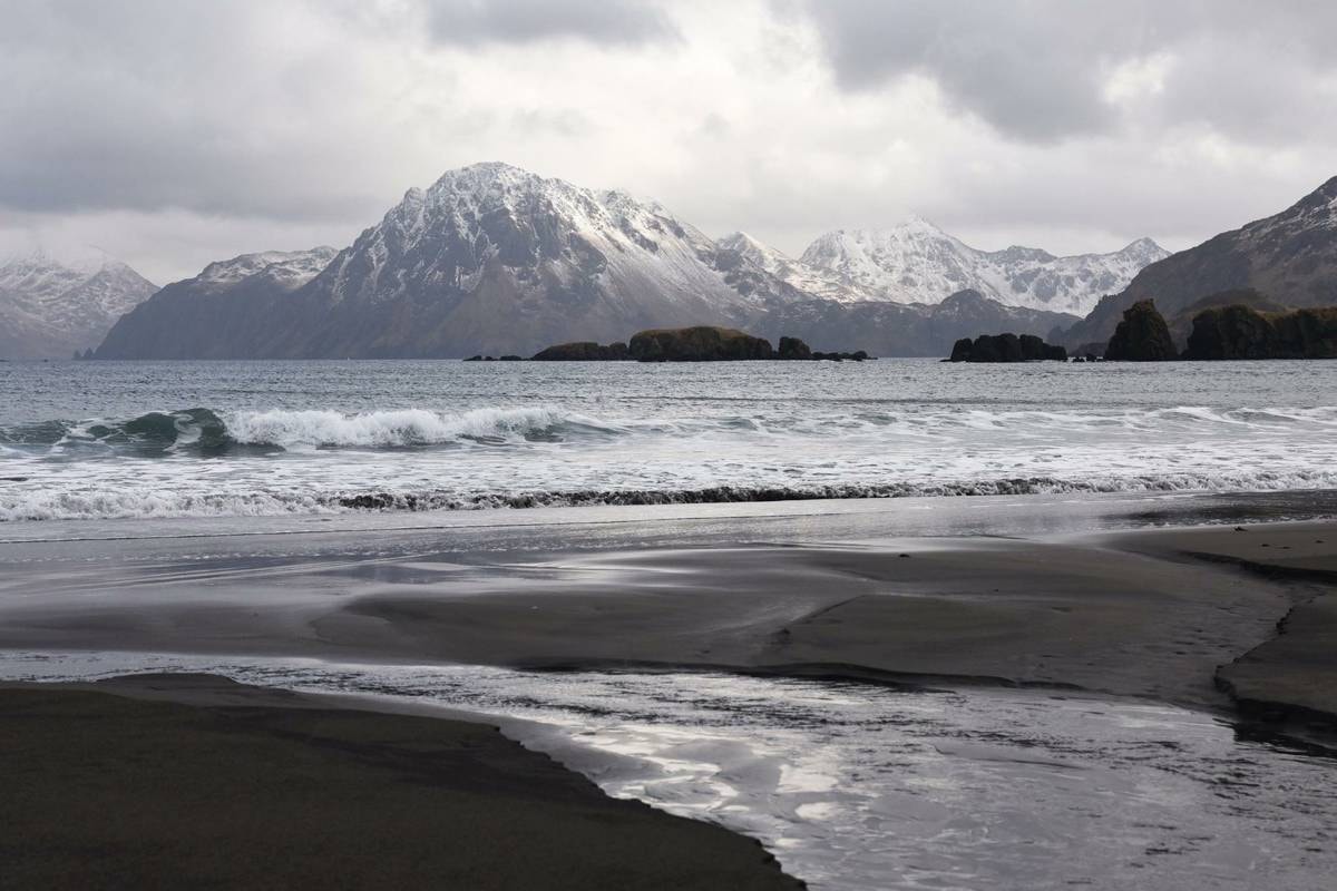 Adak black sand beach, surf, and snow-capped peaks